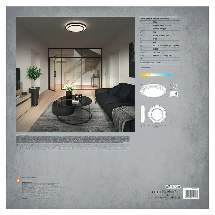 Ledvance Orbis LED-Deckenleuchte rund Berlin - 36 W, Ø x H: 49,2 x 8 cm, Schwarz, Warmweiß - Abbildung der ORBIS BERLIN 490MM 36W 830 BK Leuchte, die modernes Design und angenehmes, warmes Licht für jeden Raum bietet.