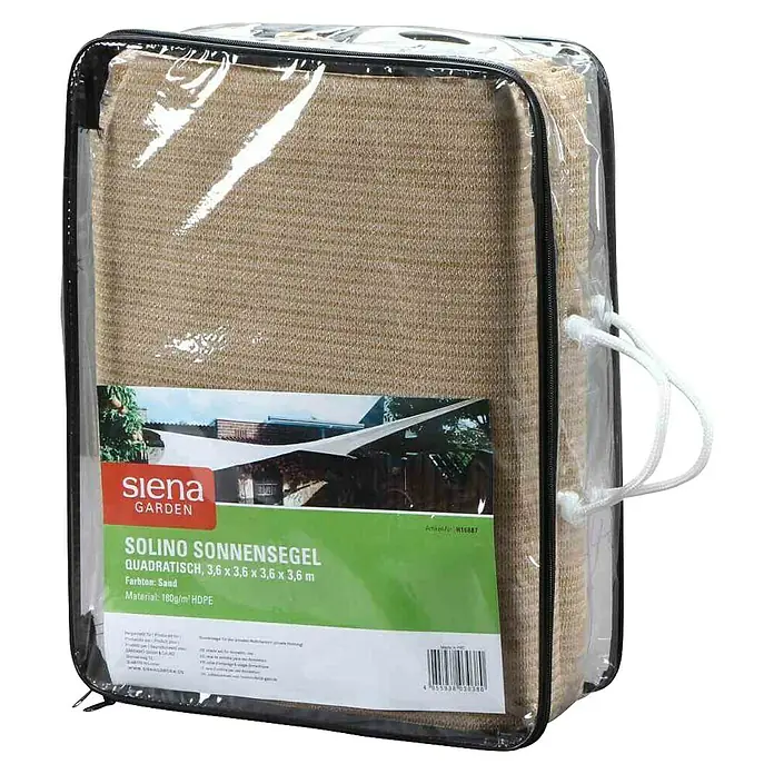 Siena Garden Sonnensegel Solino inkl. Zubehör-Set - L x B: 360 x 360 cm, Sand, Quadratisch - Quadratisches Sonnensegel von Siena Garden, 3,6 x 3,6 m, Farbe Sand, Material 180g/m² HDPE, verpackt in einer transparenten Schutzhülle mit Tragegriffen.