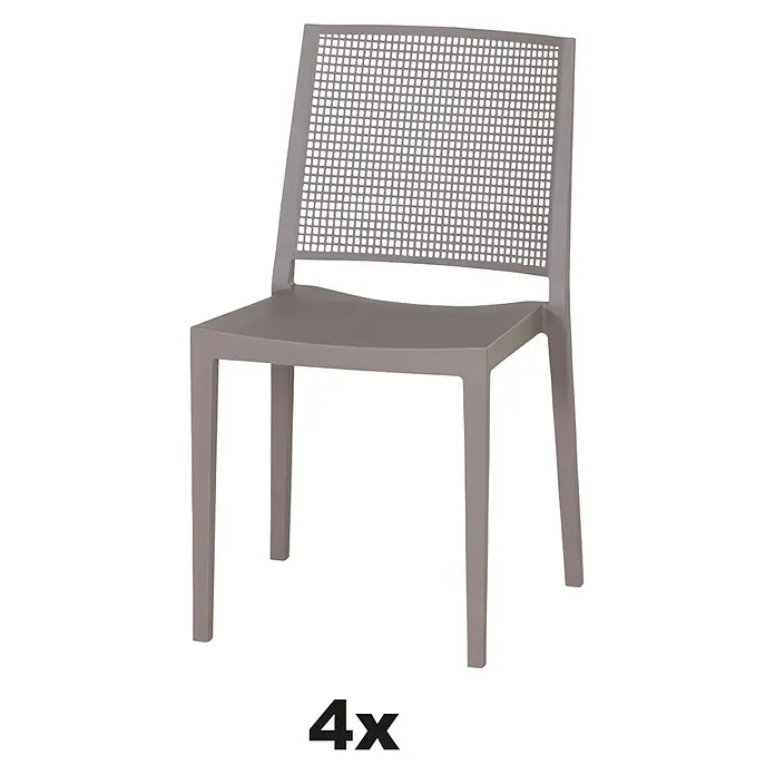 Siena Garden Urban Lights Stapelstuhl Set Square - 4 Stk., Polypropylen, Stapelbar, Taupe, B x T x H: 56 x 56 x 80 cm - Ein einzelner grauer Kunststoffstuhl mit einer perforierten Rückenlehne wird in diesem Bild gezeigt.