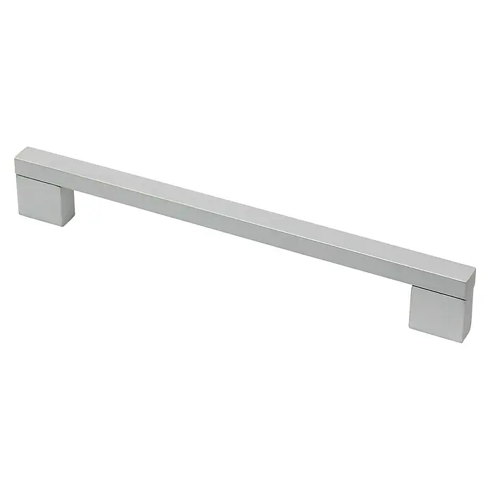 Rei Möbelgriff - Lochabstand: 192 mm, Aluminium, Silberfarben, L x B x H: 227 x 9 x 27 mm - Silberfarbener Griff aus gebürstetem Metall für Schränke, mit rechteckiger Stange und quadratischen Halterungen.