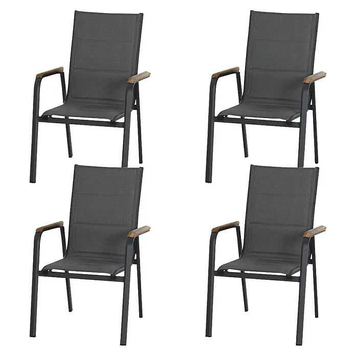 Siena Garden Stapelstuhl Tesoro - 4 Stk., Ranotex®-Gewebe, Stapelbar, Anthrazit, B x T x H: 62,5 x 68 x 98 cm - Vier stilvolle Gartenstühle mit grauem Stoffbezug und Holzarmlehnen, ideal für den Außenbereich.