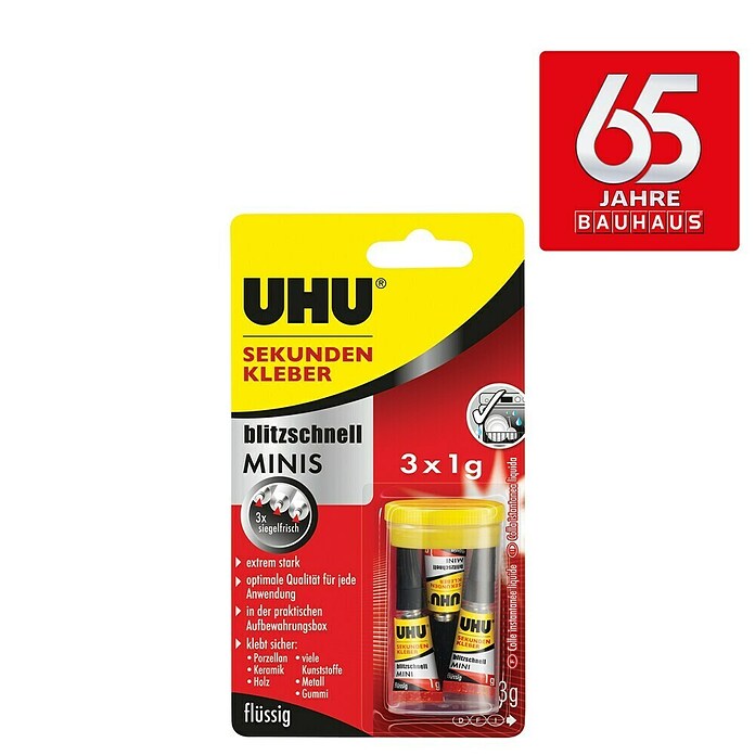 UHU Sekundenkleber Blitzschnell (3 x 1 g, Minituben in Aufbewahrungsbox, Flüssig)