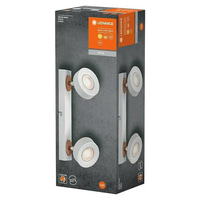 Ledvance LED-Wand- & Deckenstrahler Spot Pluto - 9,6 W, L x B x H: 29,8 x 9 x 10,8 cm, Weiß, Warmweiß, 2 Stk. - Nahaufnahme der Verpackung einer LEDVANCE DÉCOR SPOT PLUTO 2-Spot Leuchte mit technischen Details und dem Hinweis auf Recyclingpapier.