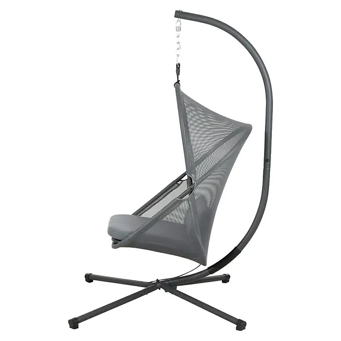 Siena Garden Hängesessel Yobaya mit Schutzhülle - L x B x H: 106 x 123 x 195 cm, Blau - Grauer Hängesessel mit Netzstruktur und Kissen. Der Sessel hängt an einem gebogenen Metallgestell und bietet Komfort und Stil für den Außenbereich.