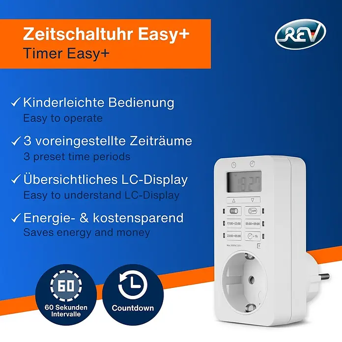 REV Zeitschaltuhr Easy+ - Digital, Weiß, 3.680 W - Abbildung einer REV Zeitschaltuhr Easy+ mit einfacher Bedienung, voreingestellten Zeiträumen und energiesparendem LC-Display.