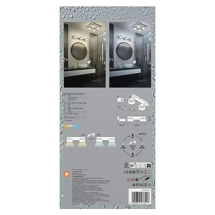 Ledvance Orbis LED-Wandleuchte Flame - 11 W, L x B x H: 30 x 13 x 9 cm, Chrome, Warmweiß, 2 Stk. - Produktbild einer ORBIS FLAME 2X3.5W CLICKOCT IP44 CH Lampe, das Design und die Funktionen hervorhebt.