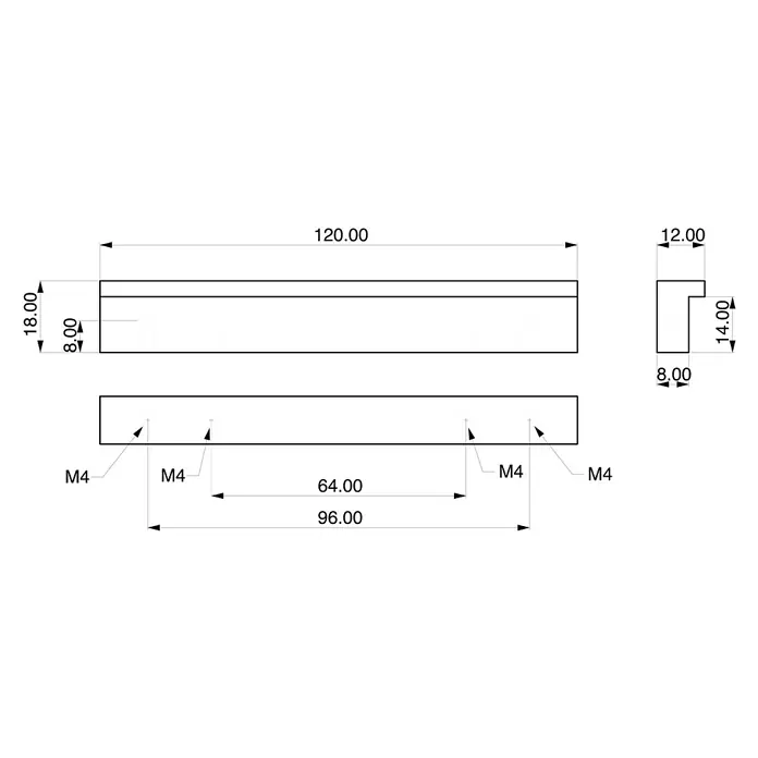 Rei Möbelgriff - Lochabstand: 64 mm, Aluminium, Chrom, Industrie, L x B x H: 120 x 12 x 18 mm - 120mm langes Montageprofil, 18x12mm gesamt, mit Stufenprofil und vier M4 Gewindebohrungen auf der Unterseite.