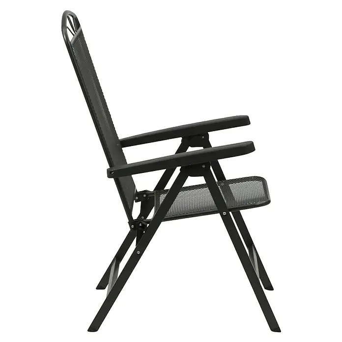 Siena Garden Klappstuhl Set Elda - 4 Stk., Klappbar, Anthrazit, B x T x H: 46 x 60 x 103 cm - Diese Nahaufnahme zeigt einen dunklen, klappbaren Terrassenstuhl mit Armlehnen, der sich ideal für den Außenbereich eignet.