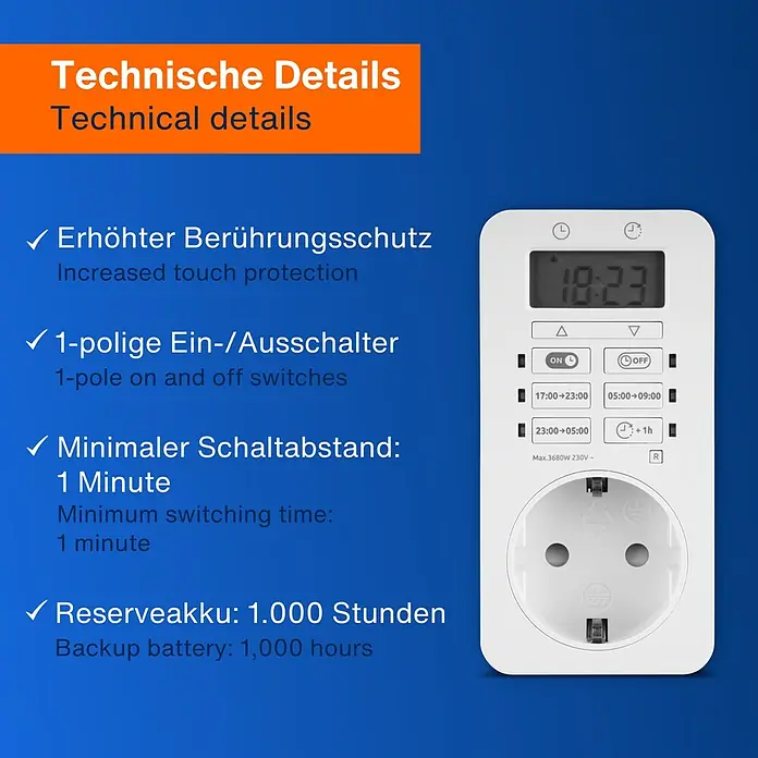 REV Zeitschaltuhr Easy+ - Digital, Weiß, 3.680 W - Details zu einer programmierbaren Zeitschaltuhr mit Display und Steckdose, inklusive technischer Spezifikationen.