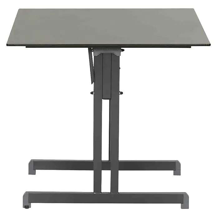 Alco Gartentisch - L x B x H: 80 x 80 x 74 cm, Stahl, Anthrazit, Klappbar - Abbildung eines höhenverstellbaren Schreibtisches mit einer grauen Tischplatte und einem stabilen, dunklen Metallgestell für das Büro.