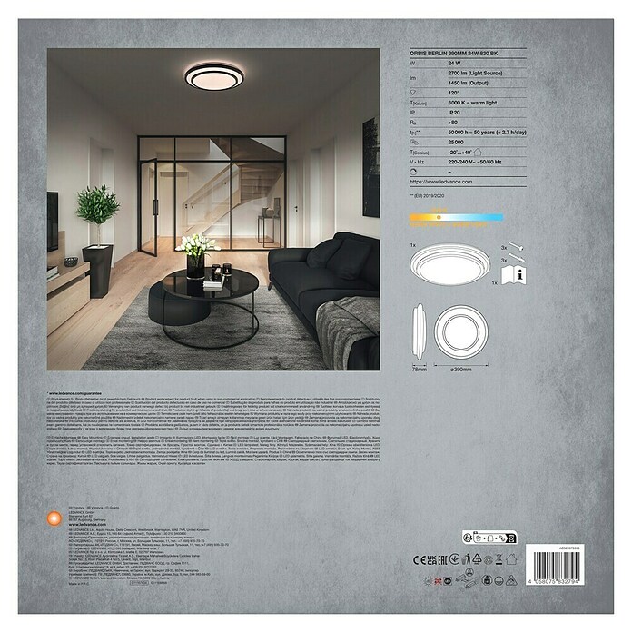 Osram LED-Deckenleuchte rund Berlin (24 W, Ø x H: 39 x 7,8 cm, Schwarz, Warmweiß) | BAUHAUS