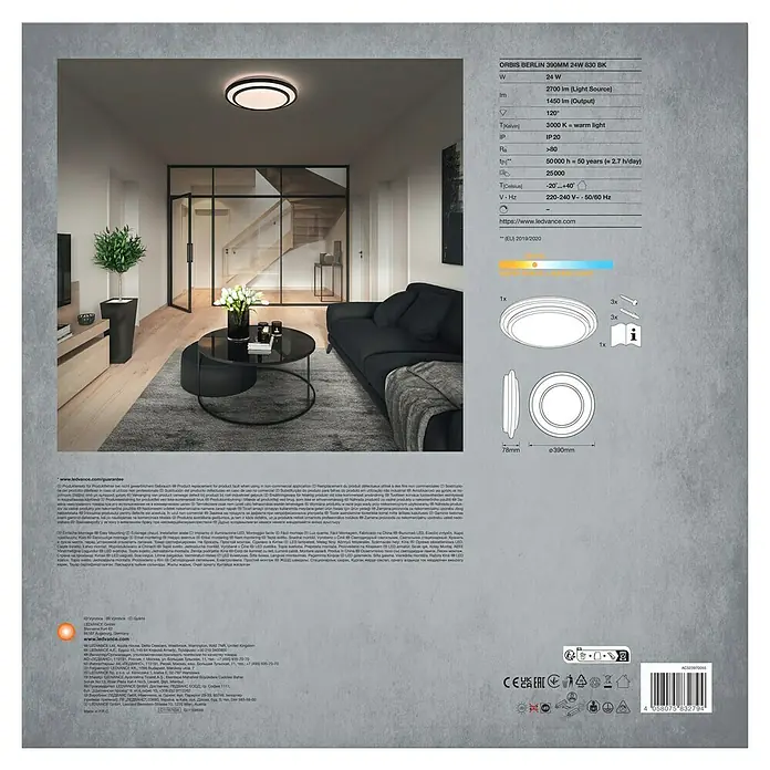 Osram LED-Deckenleuchte rund Berlin - 24 W, Ø x H: 39 x 7,8 cm, Schwarz, Warmweiß - Produktbild der LEDVANCE ORBIS BERLIN 390MM 24W 830 BK Deckenleuchte, das Design und die technischen Details hervorhebt.