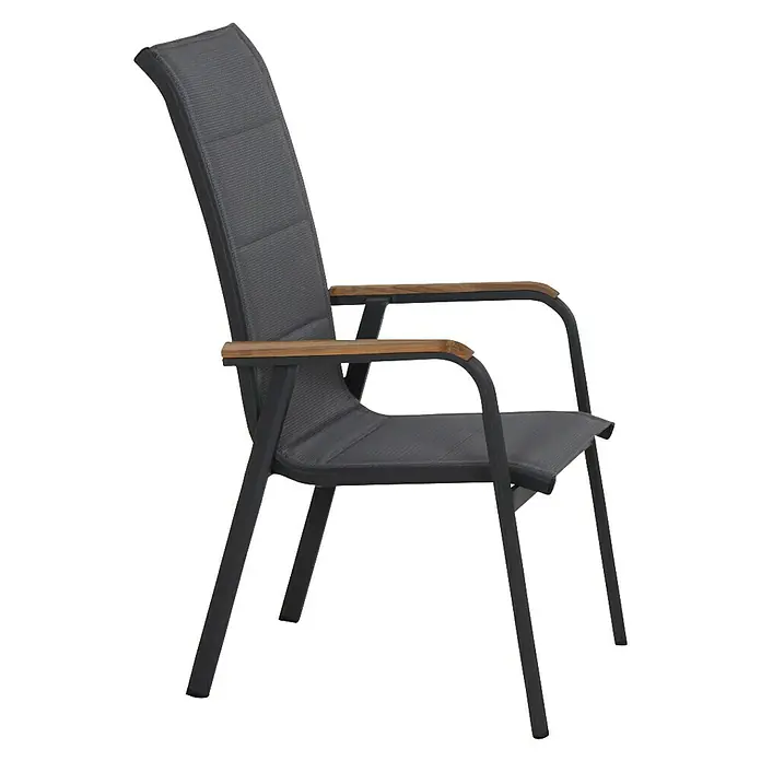 Siena Garden Stapelstuhl Tesoro High Back - 2 Stk., Ranotex®-Gewebe, Stapelbar, Anthrazit, B x T x H: 62,5 x 70,5 x 110 cm - Abgebildet ist ein grauer Gartensessel mit Armlehnen und hoher Rückenlehne, ideal für entspannte Stunden im Freien.