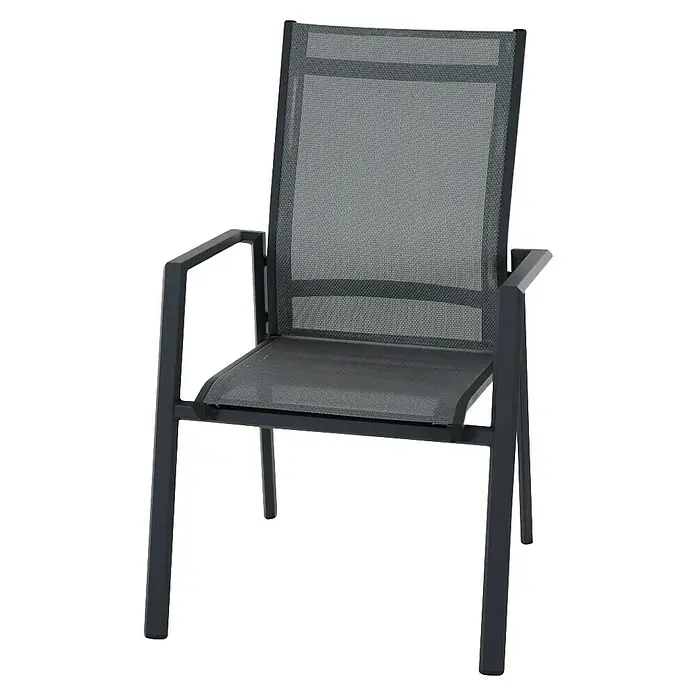Siena Garden Stapelsessel Tauro - Ranotex-Gewebe, Stapelbar, Anthrazit, B x T x H: 63 x 70,5 x 99,5 cm - Eine moderne Gartenstuhl-Ansicht mit Mesh-Details. Der Stuhl hat ein stabiles Metallgestell und bietet hohen Sitzkomfort für den Außenbereich.
