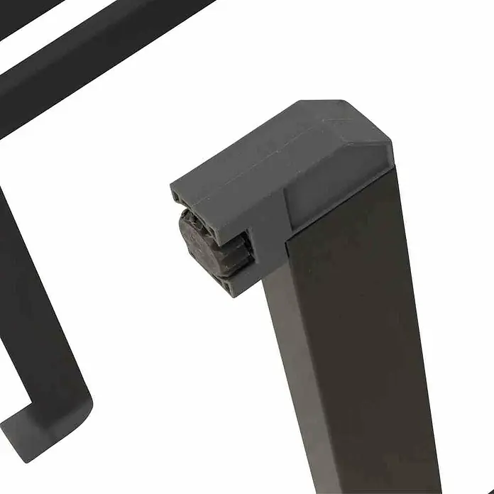 Alco Gartentisch - L x B x H: 120 x 80 x 74 cm, Stahl, Anthrazit, Klappbar - Nahaufnahme eines Eckverbinders an einem schwarzen Möbelstück, der die Details und die Konstruktion hervorhebt.