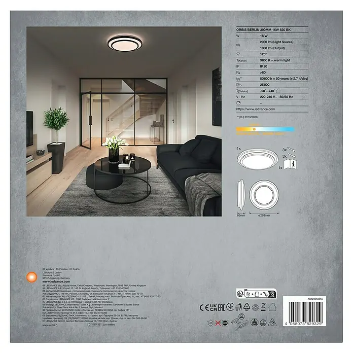 Osram LED-Deckenleuchte rund Berlin - 16 W, Ø x H: 29,3 x 6,5 cm, Schwarz, Warmweiß - Abbildung einer LEDVANCE ORBIS BERLIN 300MM 16W 830 BK Deckenleuchte, die sich durch modernes Design und warmes Licht auszeichnet.
