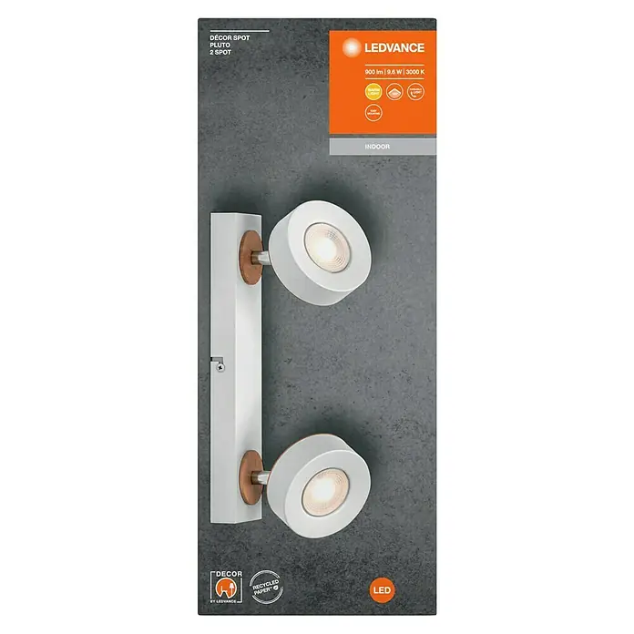 Ledvance LED-Wand- & Deckenstrahler Spot Pluto - 9,6 W, L x B x H: 29,8 x 9 x 10,8 cm, Weiß, Warmweiß, 2 Stk. - Nahaufnahme der LEDVANCE Décor Spot Pluto 2 Spot Leuchte, eine stilvolle Beleuchtungslösung für Innenräume.