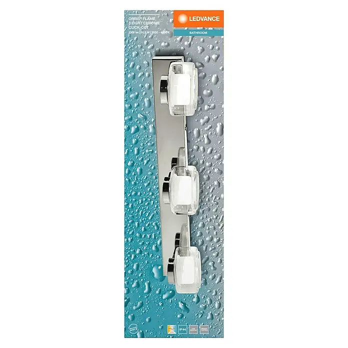 Ledvance Orbis LED-Wandleuchte Flame - 16,5 W, L x B x H: 50 x 13 x 9 cm, Chrome, Warmweiß, 3 Stk. - Produktbild: LEDVANCE ORBIS FLAME 3-flammige Chrom-Badezimmerleuchte mit Click-CCT Funktion für variable Farbtemperatur.