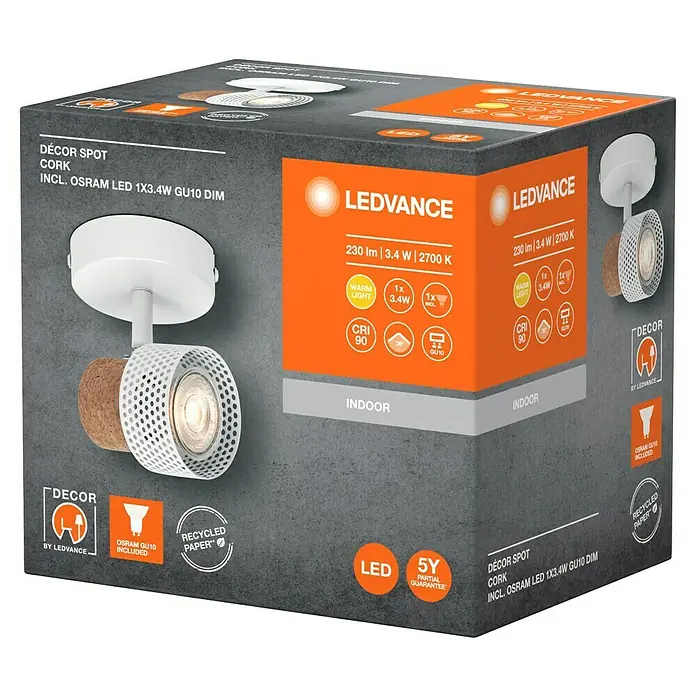 Ledvance Wandstrahler Spot Cork - 3,4 W, L x B x H: 9 x 12,6 x 10,1 cm, Weiß, GU10, 1 Stk. - Verpackung eines LEDVANCE DÉCOR SPOT CORK, inklusive OSRAM LED 1X3.4W GU10 DIM, mit Produktdetails und Logos.