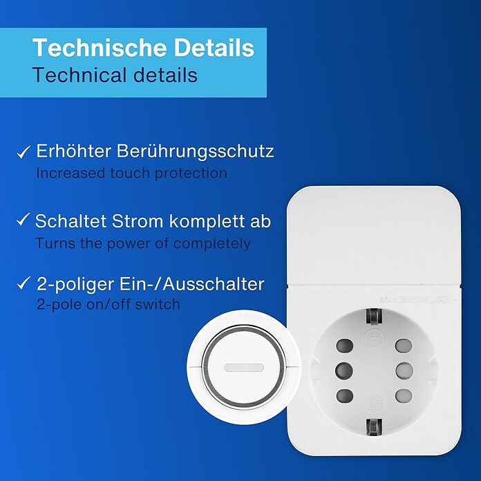 REV Zwischenstecker mit Schalter und Combini-Stecksystem (Weiß, Max. Anschlussleistung: 3 680 W) | BAUHAUS