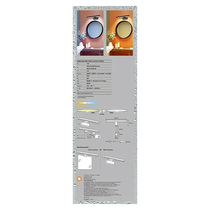 Ledvance Orbis LED-Spiegelleuchte Disc - 7 W, L x B x H: 40 x 12 x 7 cm, Schwarz, Warmweiß - Produktbild der LEDVANCE ORBIS DISC BAR 40CM CLICKCCT IP44BK, einer modernen LED-Badleuchte für Spiegelschränke.