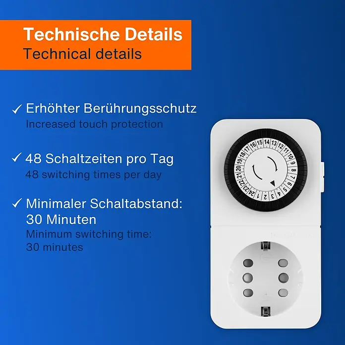 REV Zeitschaltuhr mit Combini-Stecksystem - Mechanisch, Weiß, 3.680 W - Das Bild zeigt eine Zeitschaltuhr mit einem erhöhten Berührungsschutz, 48 Schaltzeiten pro Tag und einem minimalen Schaltabstand von 30 Minuten.