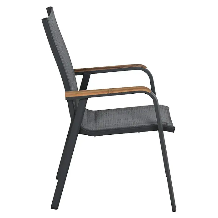 Siena Garden Stapelstuhl Tesoro - 2 Stk., Ranotex®-Gewebe, Stapelbar, Anthrazit, B x T x H: 62,5 x 68 x 98 cm - Ein stilvoller Gartenstuhl mit Holzarmlehnen und einem grauen Sitzbereich, ideal für entspannte Stunden im Freien.