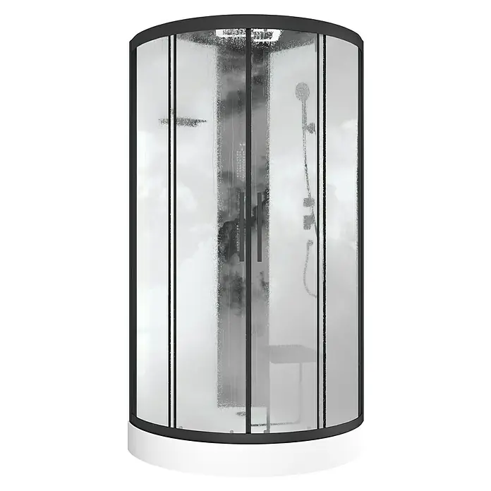 Aurlane Dampfdusche Relax Hammam Round - 95 x 95 x 218 cm, Weiß/Schwarz - Viertelkreis-Duschkabine mit weißer Wanne und dunkelgrauem Rahmen, mit Milchglas-Türen.
