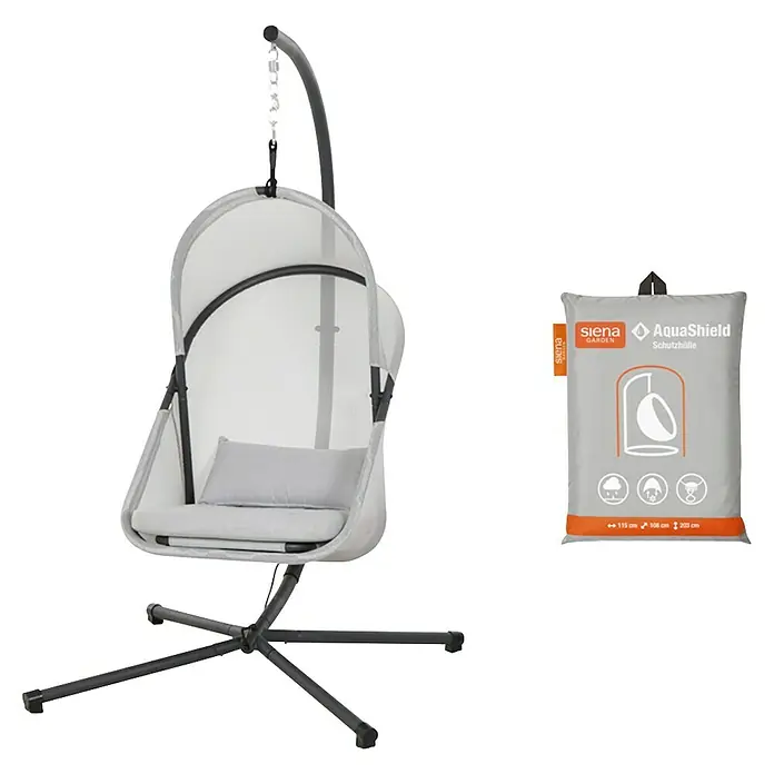 Siena Garden Hängesessel Yobaya mit Schutzhülle - L x B x H: 106 x 123 x 195 cm, Grau - Ein grauer Hängekorb mit einem bequemen Kissen und eine Aquashield Schutzhülle, die den Hängekorb vor Wettereinflüssen schützt.