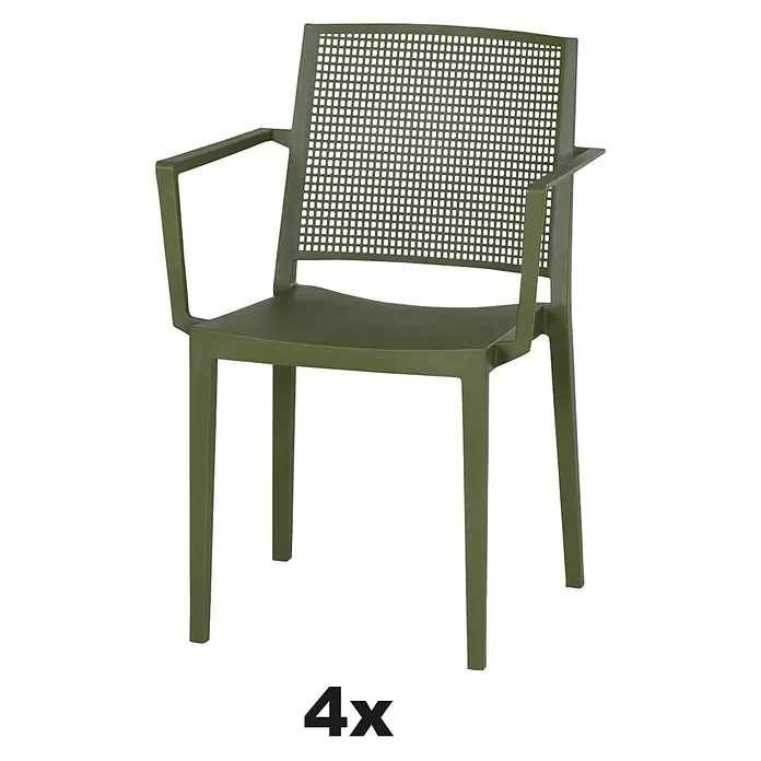 Siena Garden Urban Lights Stapelsessel Set Square - 4 Stk., Polypropylen, Stapelbar, Olive, B x T x H: 56 x 56 x 80 cm - Grüner Stuhl mit Armlehnen und durchbrochener Rückenlehne für den Außenbereich.