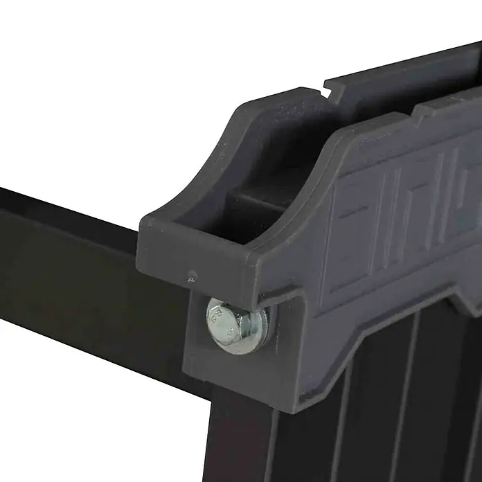 Alco Gartentisch - L x B x H: 120 x 80 x 74 cm, Stahl, Anthrazit, Klappbar - Nahaufnahme einer grauen Werkzeugablage mit einer Metallschraube zur Befestigung. Das Zubehör ist robust und hat eine strukturierte Oberfläche.