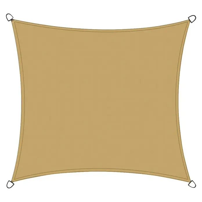 Siena Garden Sonnensegel Solino inkl. Zubehör-Set - L x B: 360 x 360 cm, Sand, Quadratisch - Ein beiges Sonnensegel in quadratischer Form mit abgerundeten Ecken, befestigt mit weißen Halterungen, bietet Schatten und Schutz vor Sonne.