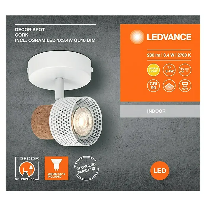 Ledvance Wandstrahler Spot Cork - 3,4 W, L x B x H: 9 x 12,6 x 10,1 cm, Weiß, GU10, 1 Stk. - Produktbild eines LEDVANCE DÉCOR SPOT CORK, einer stilvollen Innenleuchte mit warmweißem Licht und recyceltem Papierakzenten.