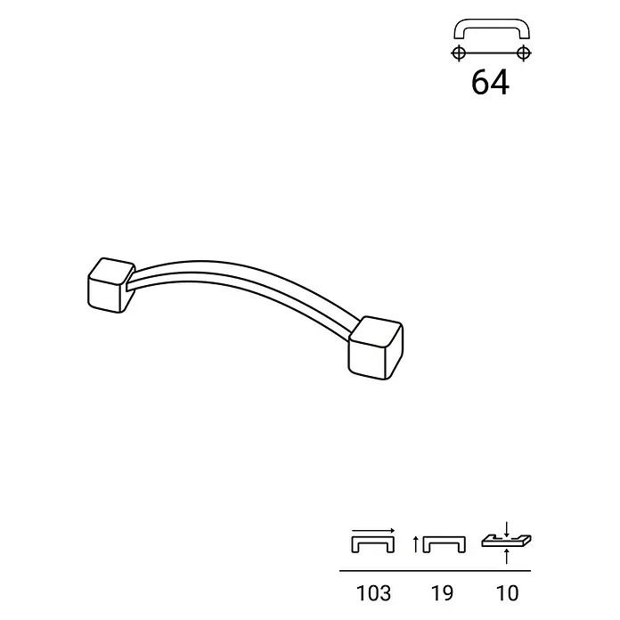 Rei Möbelgriff - Lochabstand: 64 mm, Sonstige, Schwarz, L x B x H: 72 x 10 x 17 mm - Gebogener Möbelgriff mit quadratischen Befestigungsbasen. Maße: 64mm Lochabstand, 103mm Gesamtlänge, 19mm Höhe, 10mm Tiefe.