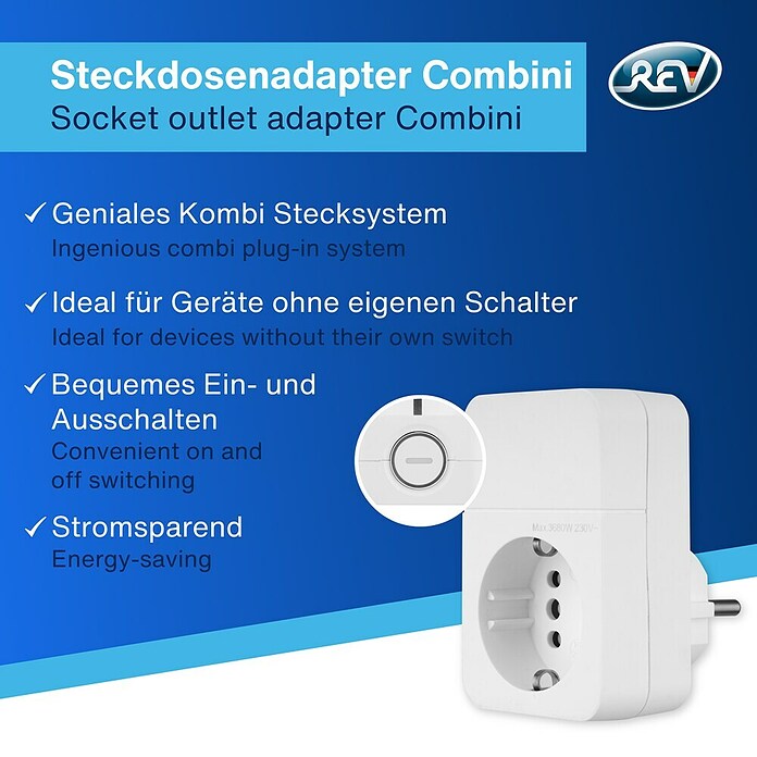REV Zwischenstecker mit Schalter und Combini-Stecksystem (Weiß, Max. Anschlussleistung: 3 680 W) | BAUHAUS