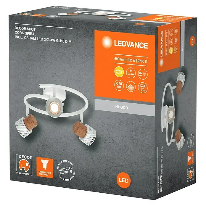Osram Regleta Cork - 10,2 W, L x An x Al: 31,8 x 29,3 x 13,6 cm, Blanco, GU10 - Embalaje del producto: LEDVANCE DÉCOR SPOT CORK SPIRAL con LED OSRAM, 3x3.4W GU10 regulable, para iluminación interior elegante.