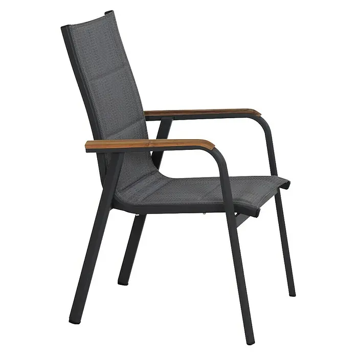 Siena Garden Stapelstuhl Tesoro - 2 Stk., Ranotex®-Gewebe, Stapelbar, Anthrazit, B x T x H: 62,5 x 68 x 98 cm - Ein stilvoller grauer Gartenstuhl mit Armlehnen und Holzdetails, perfekt für entspannte Stunden im Freien. Das moderne Design fügt sich nahtlos in jede Umgebung ein.