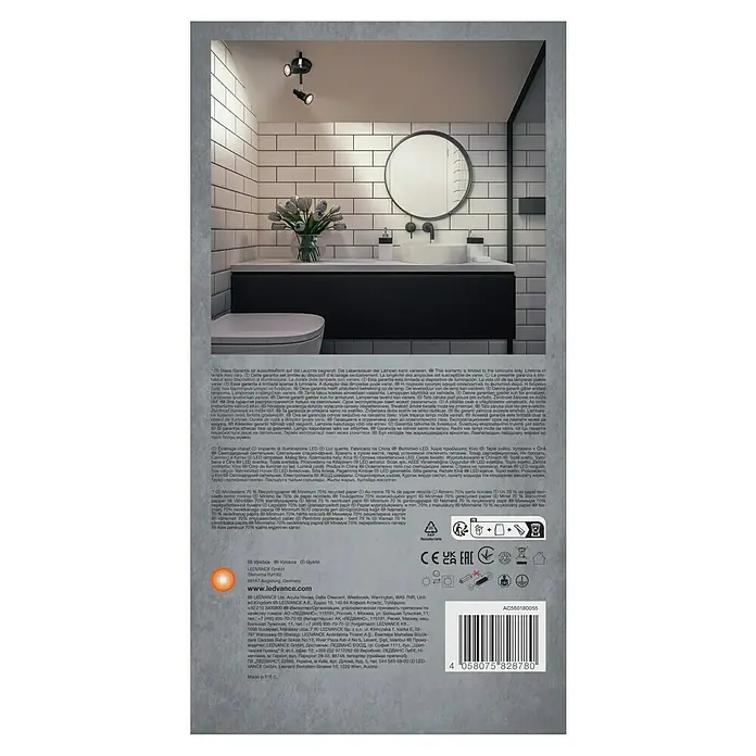Ledvance Deckenstrahler Spot - 6,8 W, L x B x H: 25,6 x 9 x 15,5 cm, Schwarz, GU10, 2 Stk. - LEDVANCE Produktverpackung: Nahaufnahme der Produktinformationen und Barcode.