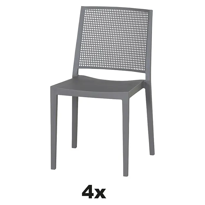 Siena Garden Urban Lights Stapelstuhl Set Square - 4 Stk., Polypropylen, Stapelbar, Grau, B x T x H: 56 x 56 x 80 cm - Grauer Kunststoffstuhl mit Rückenlehne mit Gittermuster, ideal für den Außenbereich, abgebildet als 4er-Set.