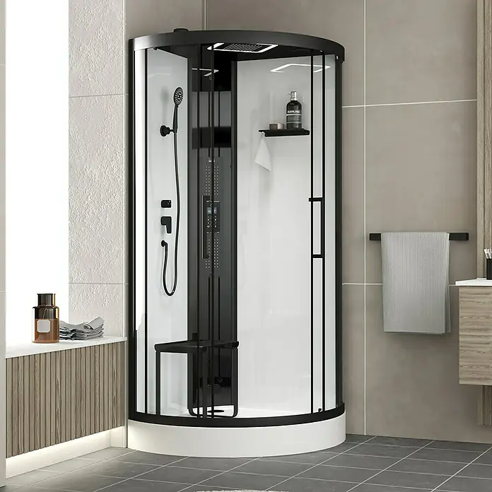 Aurlane Dampfdusche Relax Hammam Round - 95 x 95 x 218 cm, Weiß/Schwarz - Elegante Dampfdusche mit schwarzem Rahmen und integriertem Sitz. Das perfekte Badezimmer-Upgrade für Wellness und Komfort.