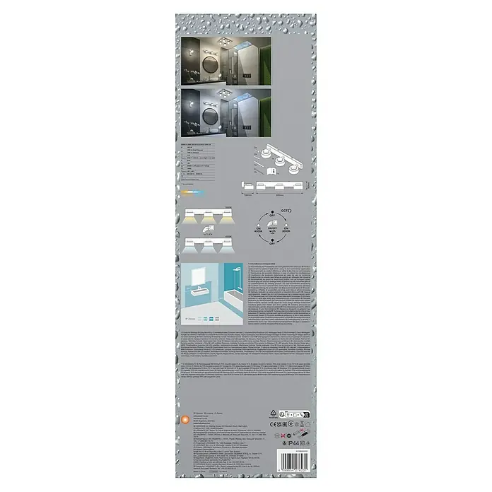 Ledvance Orbis LED-Wandleuchte Flame - 16,5 W, L x B x H: 50 x 13 x 9 cm, Chrome, Warmweiß, 3 Stk. - Produktbild einer LED-Badezimmerleuchte mit verstellbarer Farbtemperatur, Montagezubehör und detaillierten Spezifikationen.
