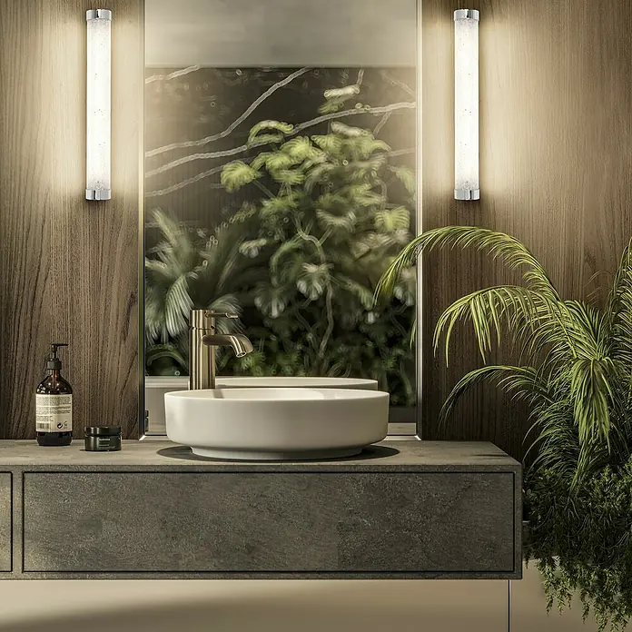 Ledvance Orbis LED-Spiegelleuchte Tube - 9 W, L x B x H: 40 x 7 x 5,4 cm, Chrome, Bubbleglas, Warmweiß - Ein modernes Badezimmer mit stilvollem Waschbecken und eleganten Wandleuchten. Das natürliche Design schafft eine entspannende Atmosphäre.