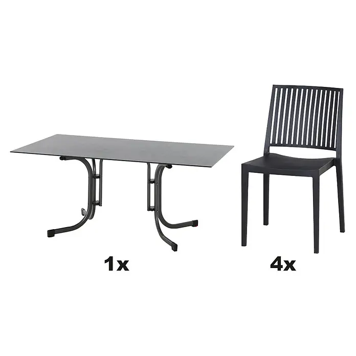 Siena Garden Urban Lights Gartenmöbel-Set Lane Stuhl /Sola Tisch - 5 -tlg., Polypropylen, Anthrazit/Anthrazit - Das Bild zeigt ein Set aus einem Tisch und vier Stühlen. Das schwarze Gartenset ist ideal für den Außenbereich und bietet Platz für vier Personen.