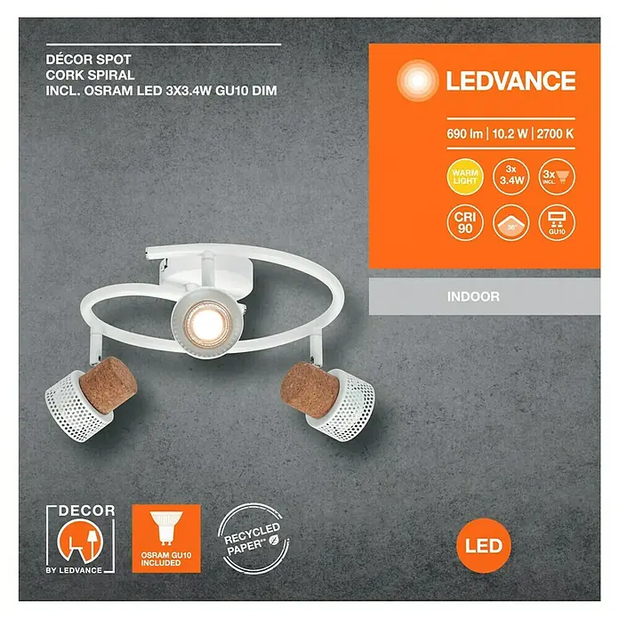 Osram Regleta Cork - 10,2 W, L x An x Al: 31,8 x 29,3 x 13,6 cm, Blanco, GU10 - El LEDVANCE DÉCOR SPOT CORK SPIRAL, una lámpara de techo elegante con detalles de corcho, incluyendo OSRAM LED 3x3.4W GU10 DIM, para una luz cálida y acogedora.
