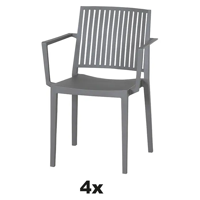 Siena Garden Urban Lights Stapelsessel Set Lane - 4 Stk., Polypropylen, Stapelbar, Grau, B x T x H: 57 x 56 x 80 cm - Abbildung eines modernen, grauen Gartenstuhls aus Kunststoff mit Armlehnen und Lamellendesign für den Außenbereich.