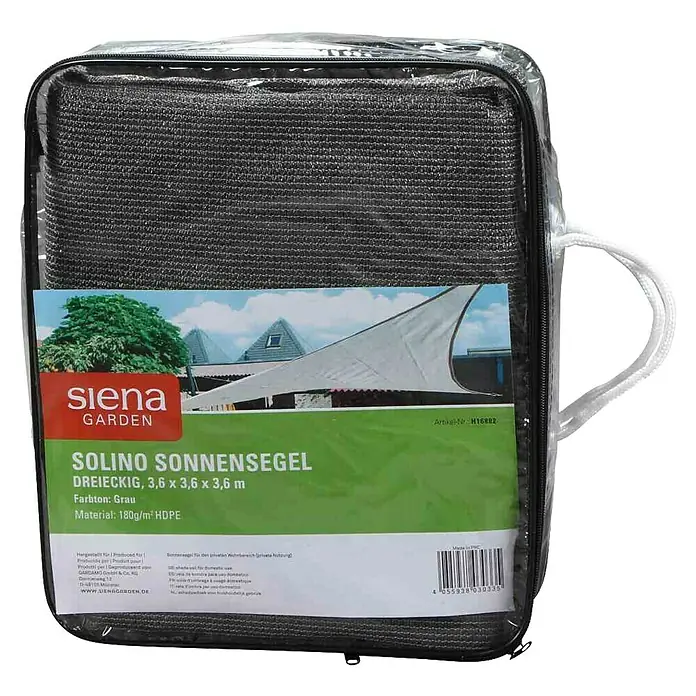 Siena Garden Sonnensegel Solino inkl. Zubehör-Set - L x B: 360 x 360 cm, Grau, Dreieckig - Verpackte, graue Siena Garden Solino Sonnensegel, dreieckig, 3,6 x 3,6 x 3,6 m, Material 180g/m² HDPE.