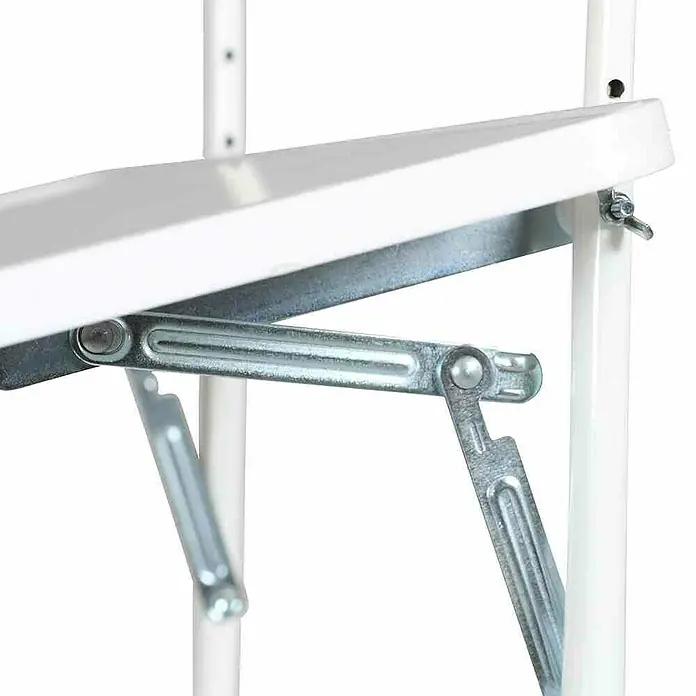 Alco Balkon-Hängetisch - L x B: 60 x 40 cm, Stahl, Kunststoff, Weiß, Klappbar - Detailaufnahme eines weißen Wandklapptisches mit Metallmechanismus zur einfachen Aufbewahrung.