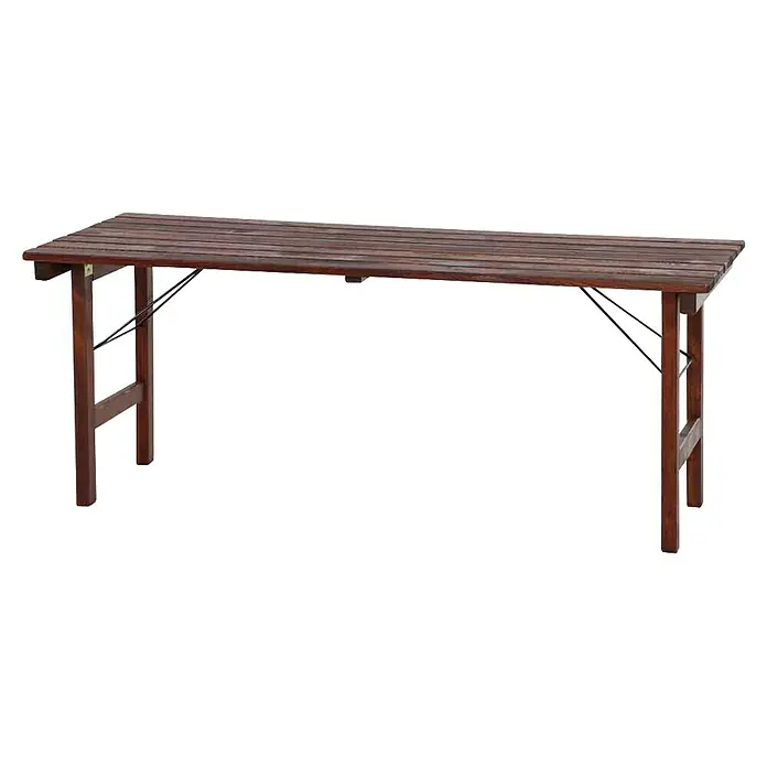 Natura Bierzeltgarnitur Wallis - 3 -tlg., Kiefer, Naturbraun - Dunkelbrauner Klapptisch aus Holzlatten mit Metallstreben.