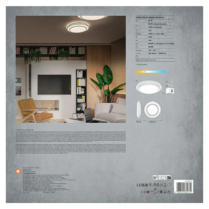Ledvance Orbis LED-Deckenleuchte rund Berlin - 24 W, Ø x H: 39 x 7,8 cm, Silber, Warmweiß - Produktbild der ORBIS BERLIN 390MM 24W 830 SI LED-Deckenleuchte mit technischen Details und Anwendungsbeispiel im Wohnraum.