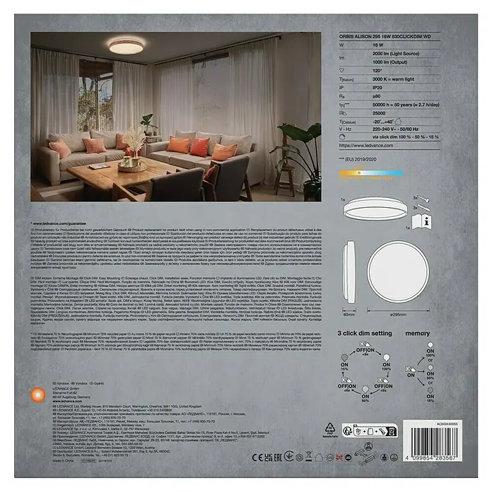 Ledvance Orbis LED-Deckenleuchte rund Alison - 16 W, Ø x H: 29,5 x 6 cm, Holzdekor, Warmweiß - Runde LED-Deckenleuchte mit Holzoptikrand in einem Wohnzimmer, dimmbar.